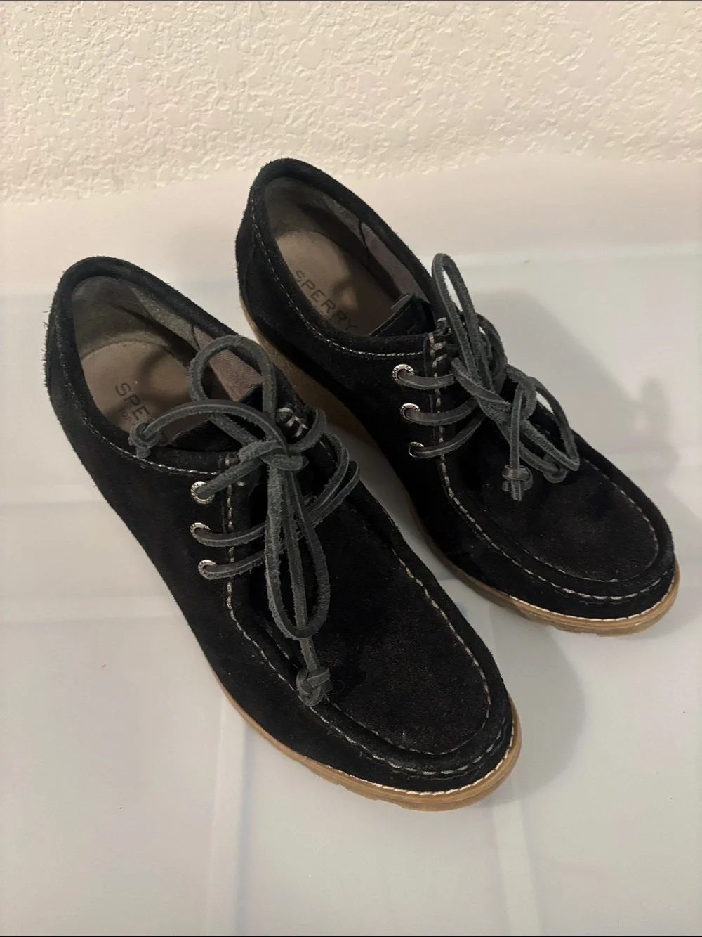 Sperry Black Stella Keel wedge booties SZ 8.5M suede uppers & tan wedge heel